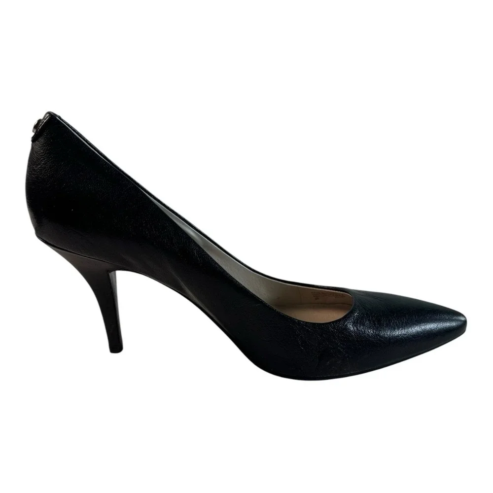 Michael Kors Black Leather Pointed Toe Pumps Silver Logo Heels AO13G Size 9M